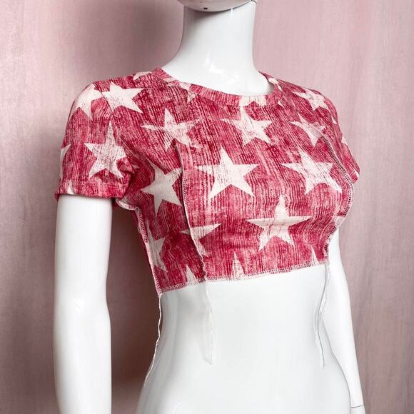 Reworked Christopher & Banks Red Star Stretchy Crop Top P/S Y2K Grunge Patriotic - Picture 2 of 7